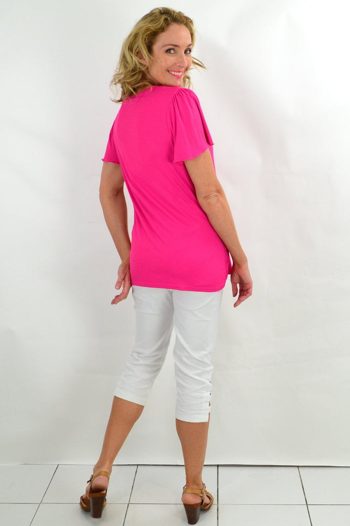 Pink diamond flutter sleeve tunic tee by I Love Tunics, featuring a flowy design and soft fabric with flutter sleeves.