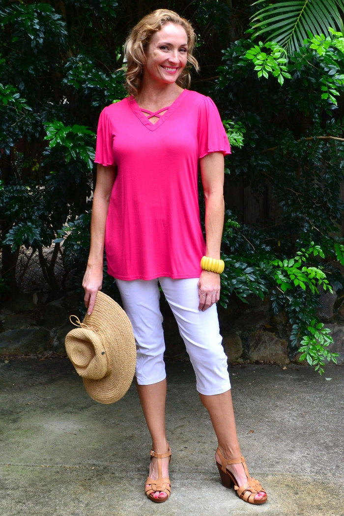 Pink cotton tunic with flutter sleeves from I Love Tunics, stylish and comfortable women's top perfect for casual wear.