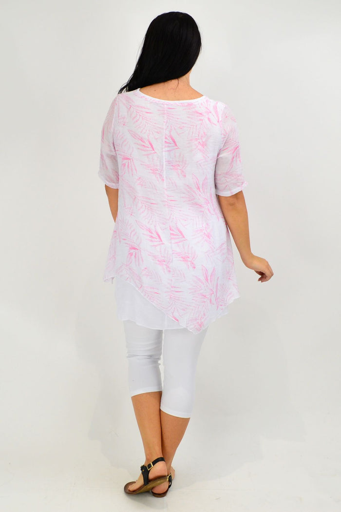 Pink leaf print tunic top by Whispers, lightweight and stylish, featuring a relaxed fit and vibrant leaf pattern.