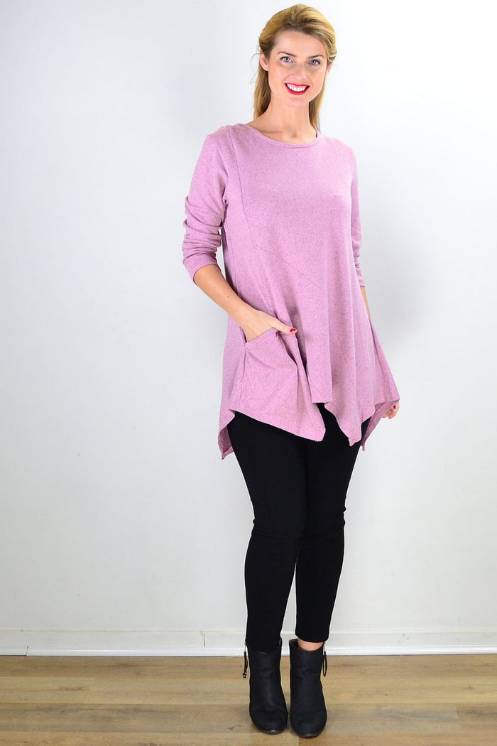 Pink Peony winter tunic top with pocket detail, long sleeves, and cozy fabric, styled for cold weather.