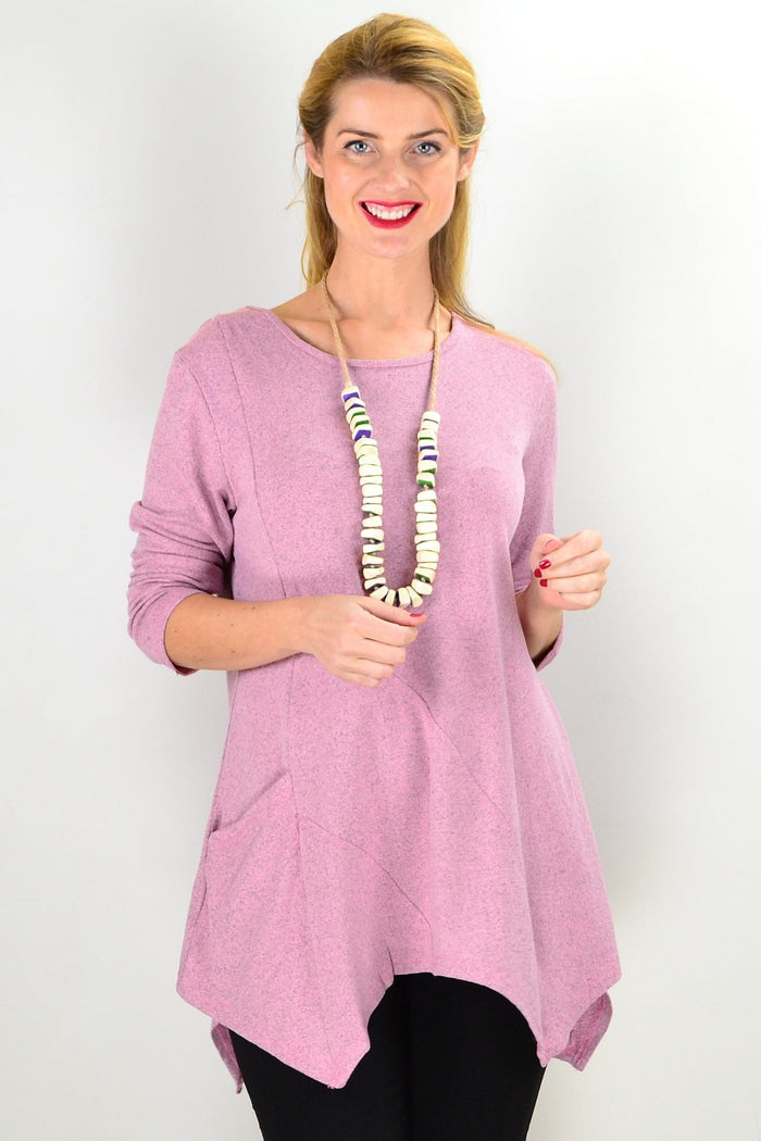Pink Peony winter tunic top with pocket detail, featuring a cozy, soft fabric and a relaxed fit for winter wear.