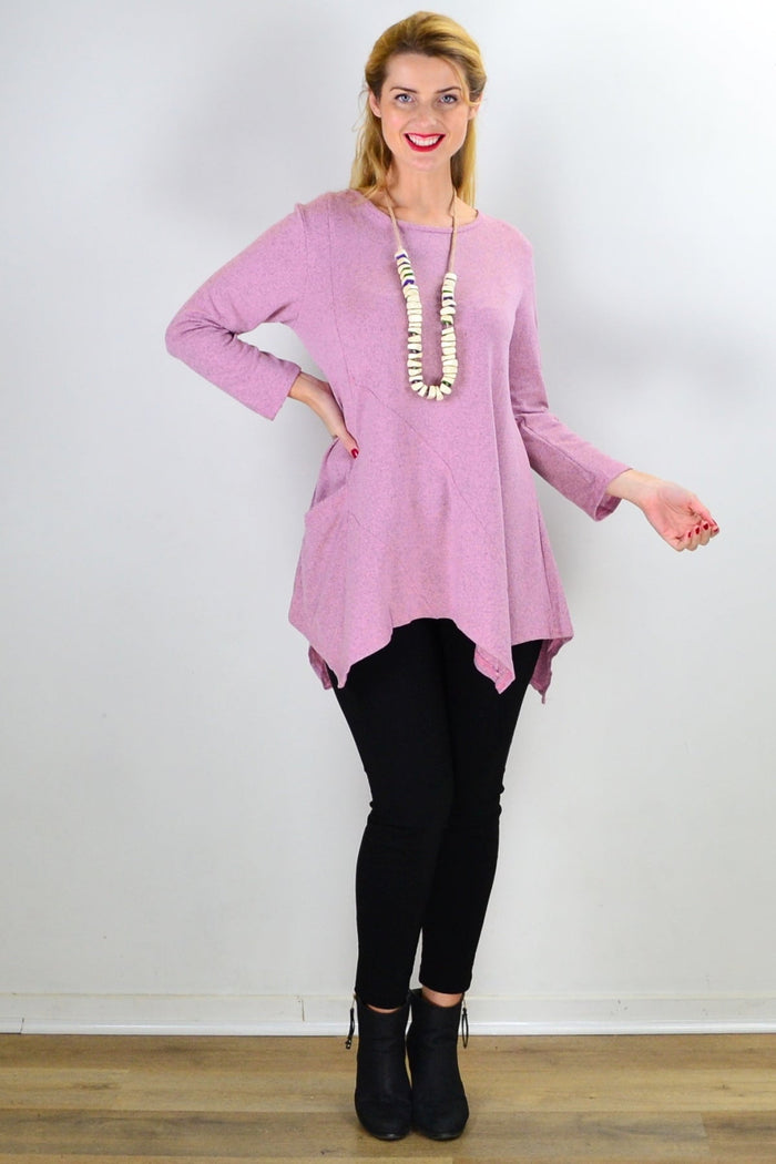Pink Peony winter tunic top with pocket detail, long sleeves, and a cozy fit, perfect for layered winter wear.