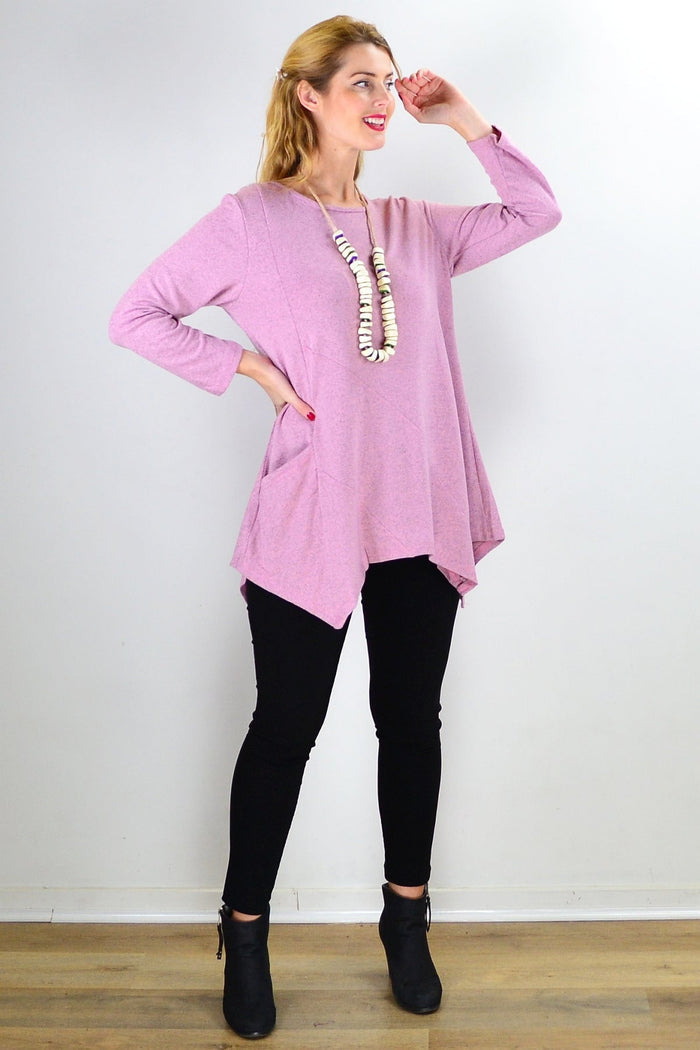 Pink Peony winter tunic top with pocket detail, long sleeves, and cozy fabric ideal for layered winter fashion.