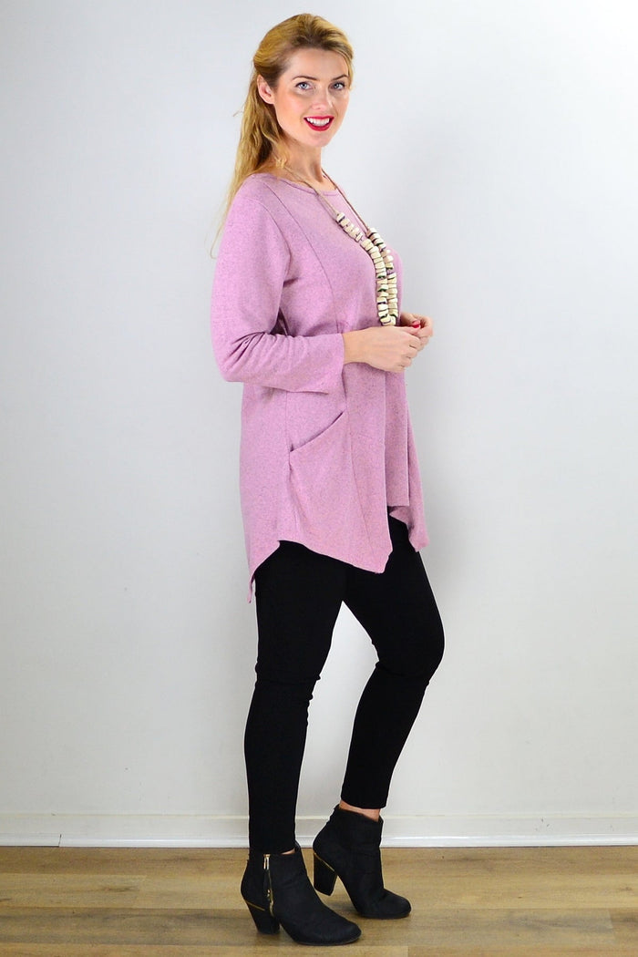 Pink Peony winter tunic top with pocket detail, long sleeves and cozy fabric, casual style perfect for cooler weather.
