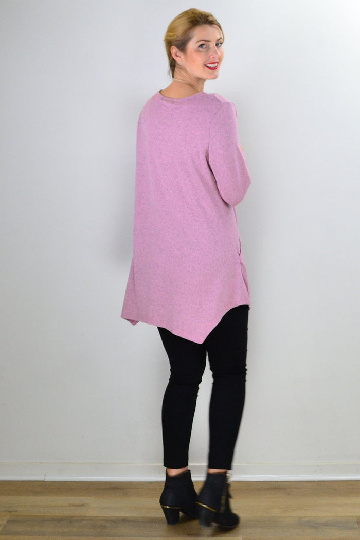 Pink Peony winter tunic top with pocket detail, long sleeves, and a relaxed fit, perfect for cold weather wear.