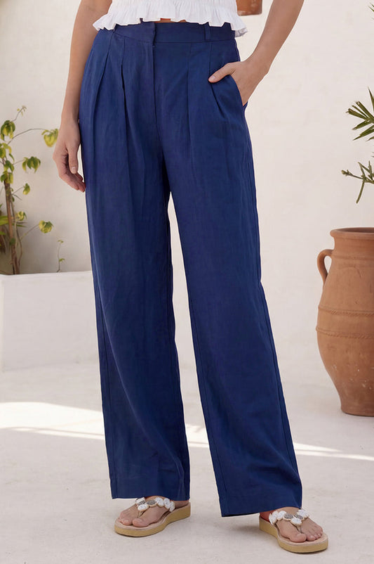 Pleat Front Linen Blend Trouser | Navy