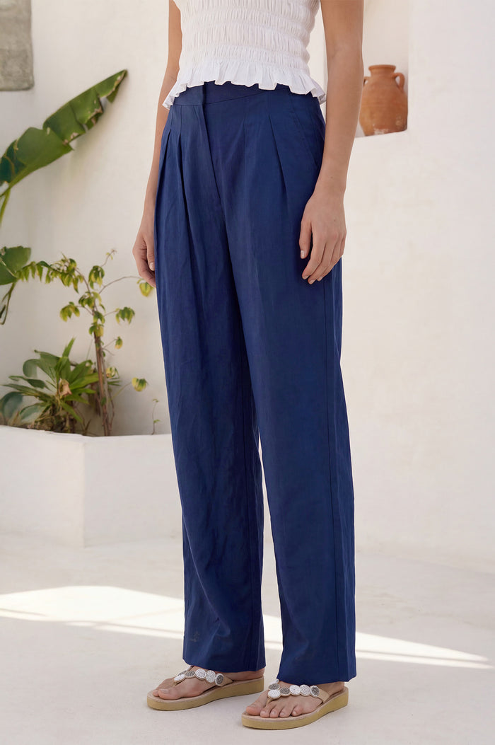Pleat Front Linen Blend Trouser | Navy