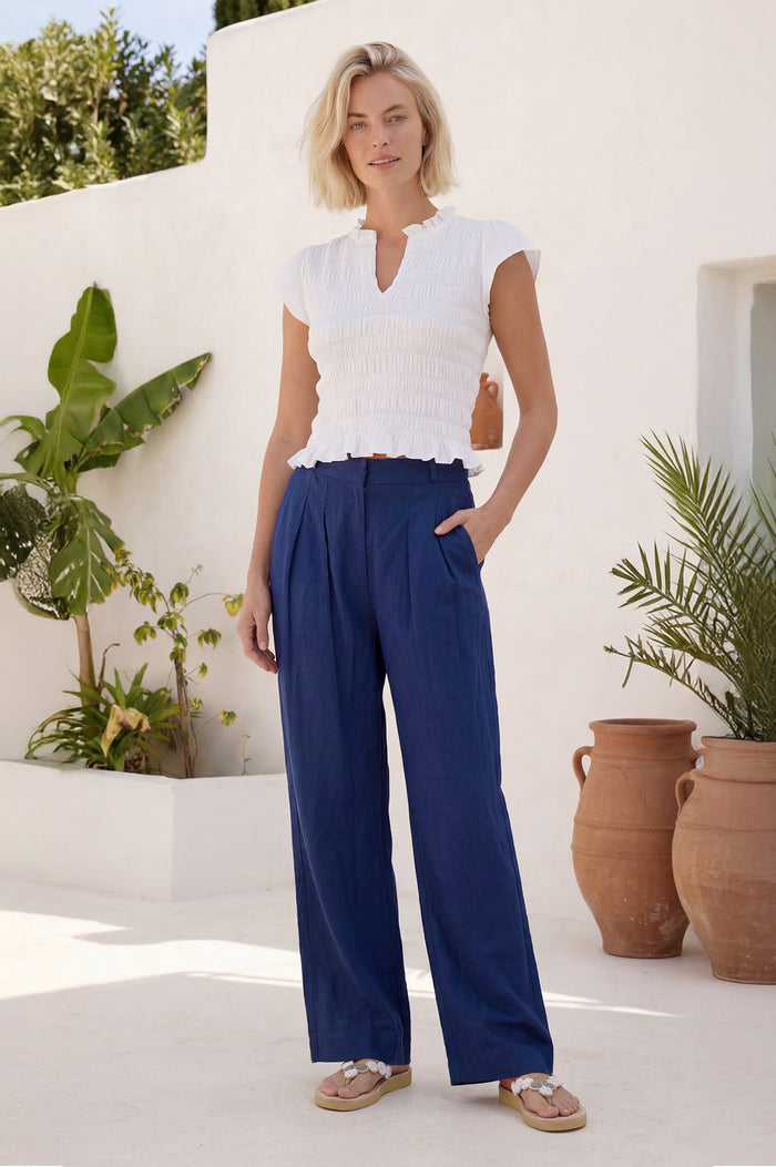 Pleat Front Linen Blend Trouser | Navy