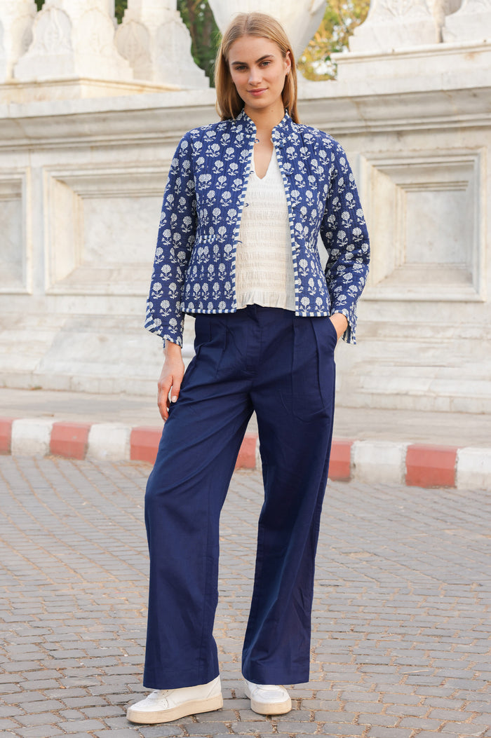 Pleat Front Linen Blend Trouser | Navy