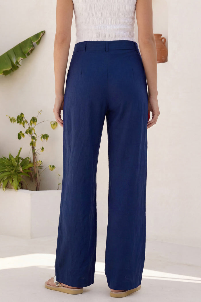 Pleat Front Linen Blend Trouser | Navy