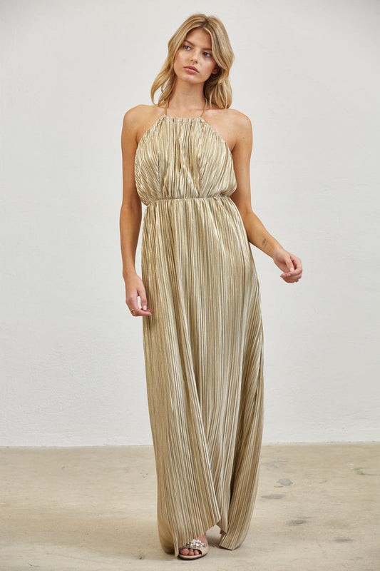 Pleated Halter Open Back  Maxi Dress