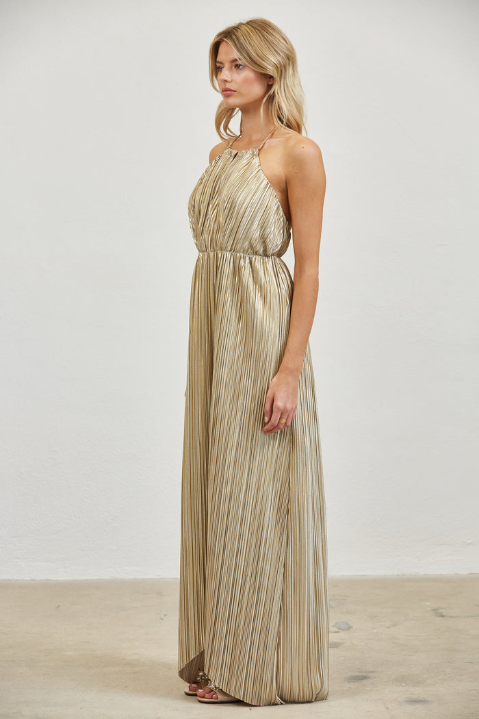 Pleated Halter Open Back  Maxi Dress