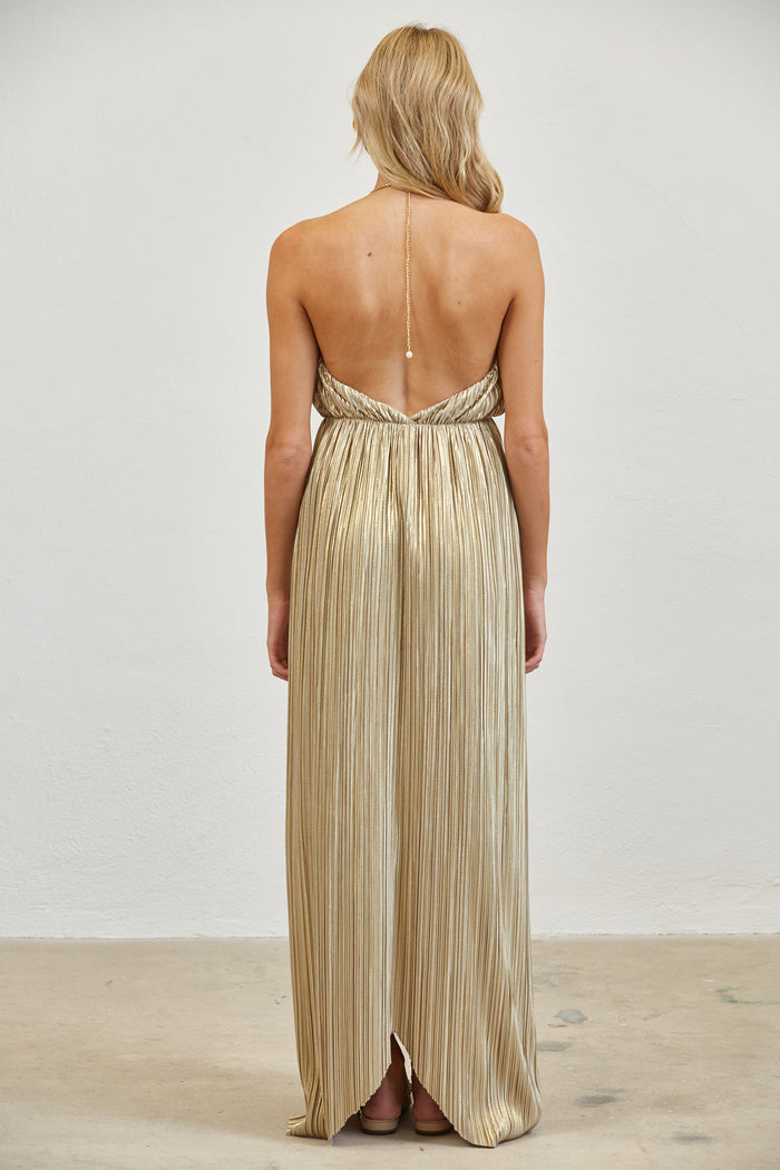 Pleated Halter Open Back  Maxi Dress