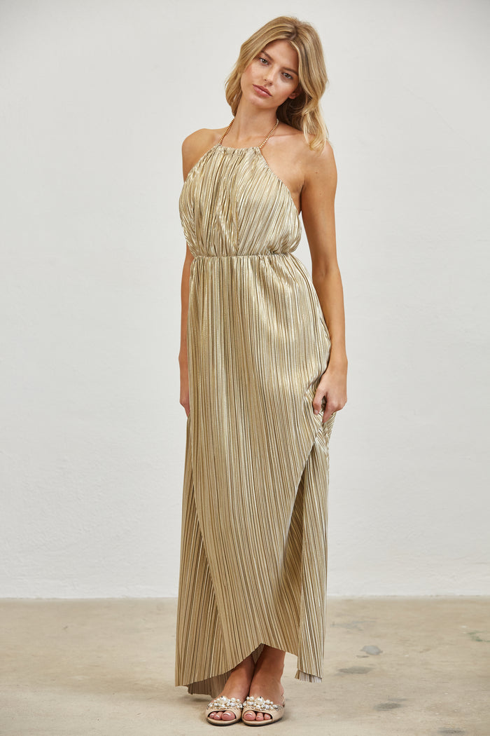 Pleated Halter Open Back  Maxi Dress