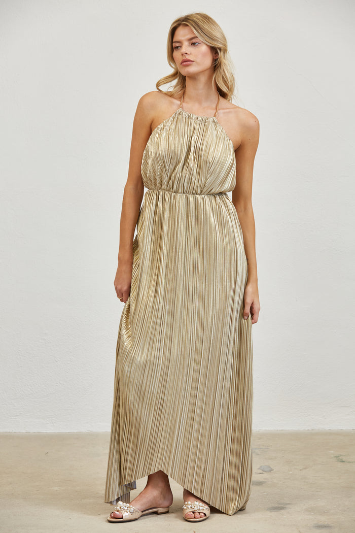 Pleated Halter Open Back  Maxi Dress