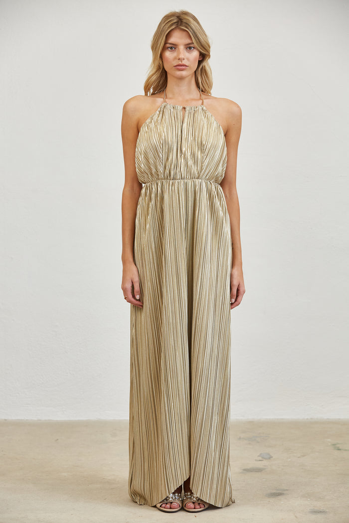 Pleated Halter Open Back  Maxi Dress