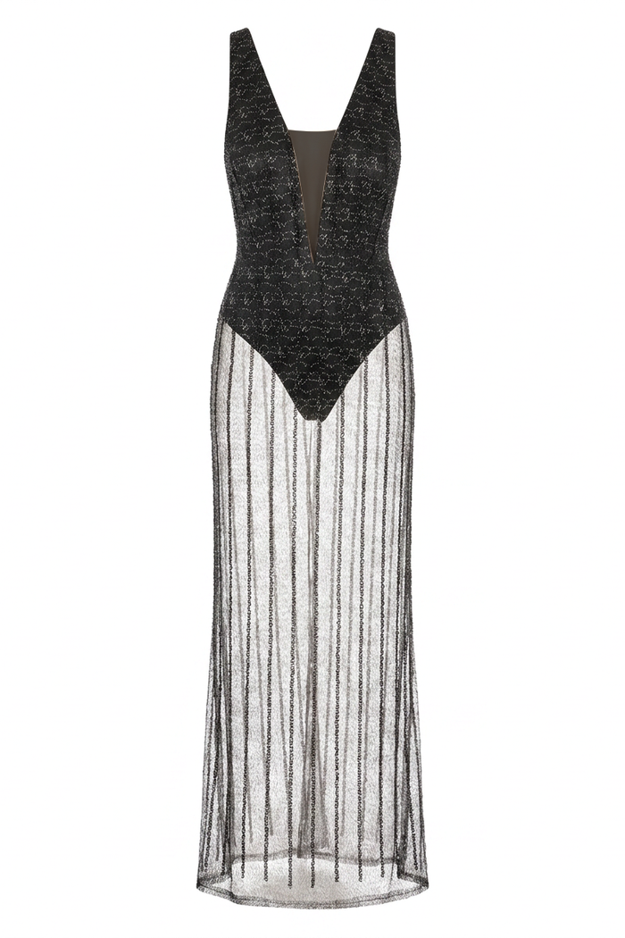 Plunge Illusion Glitter Mesh Maxi Dress