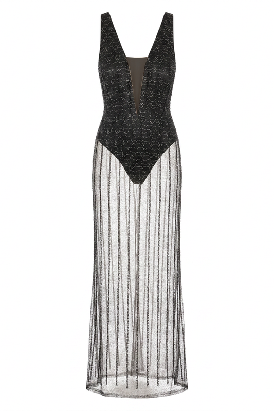 Plunge Illusion Glitter Mesh Maxi Dress