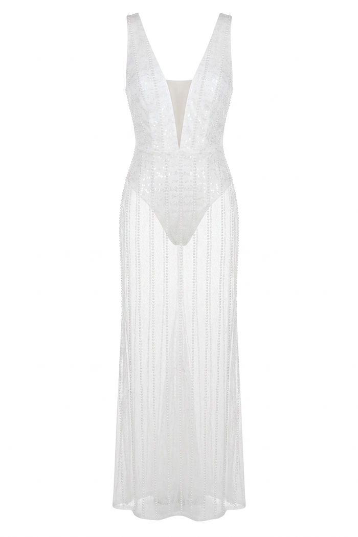 Plunge Illusion Glitter Mesh Maxi Dress