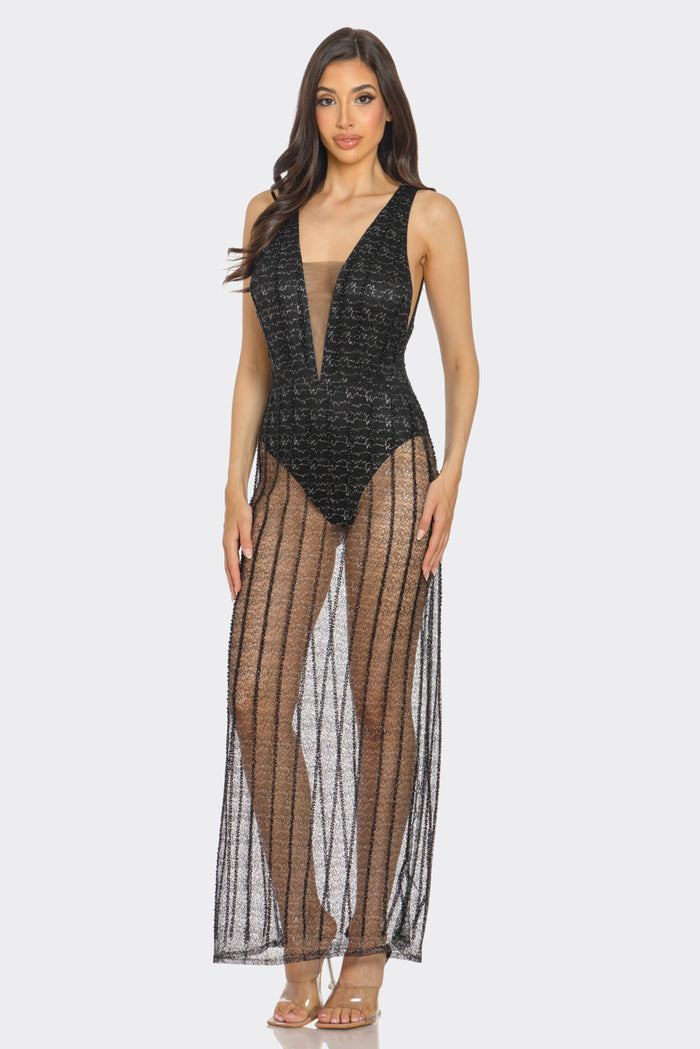Plunge Illusion Glitter Mesh Maxi Dress
