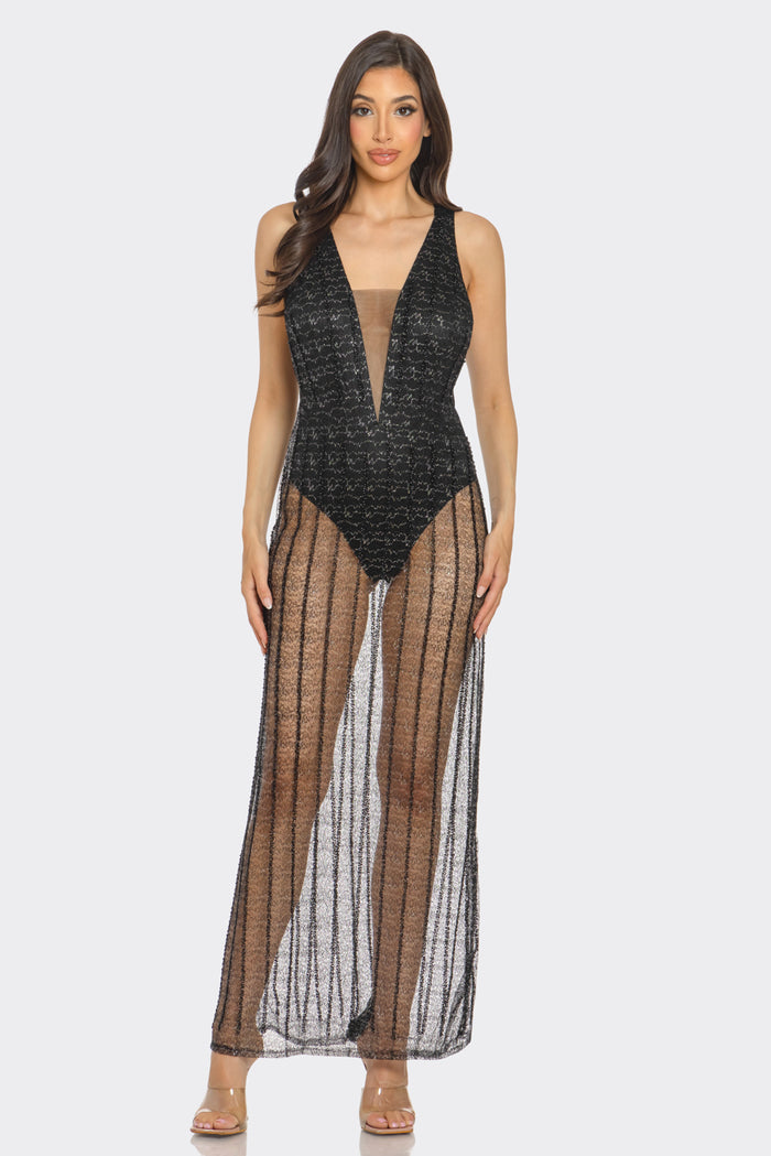Plunge Illusion Glitter Mesh Maxi Dress
