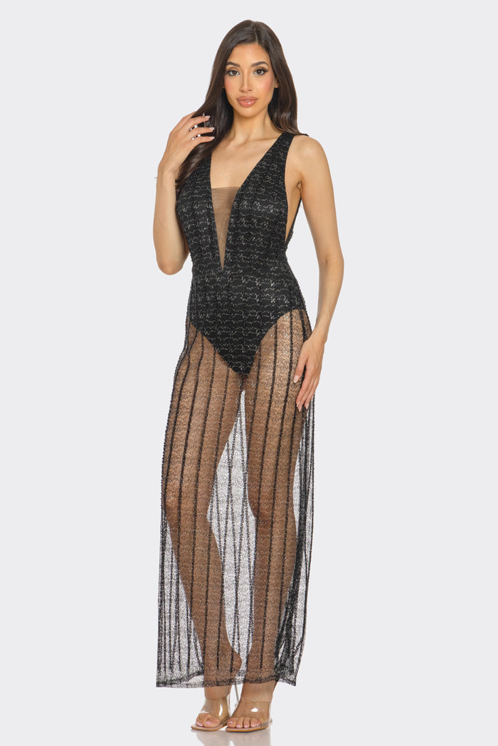 Plunge Illusion Glitter Mesh Maxi Dress