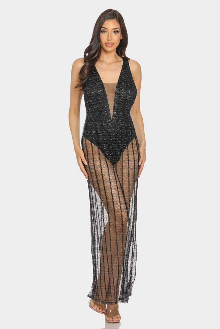 Plunge Illusion Glitter Mesh Maxi Dress
