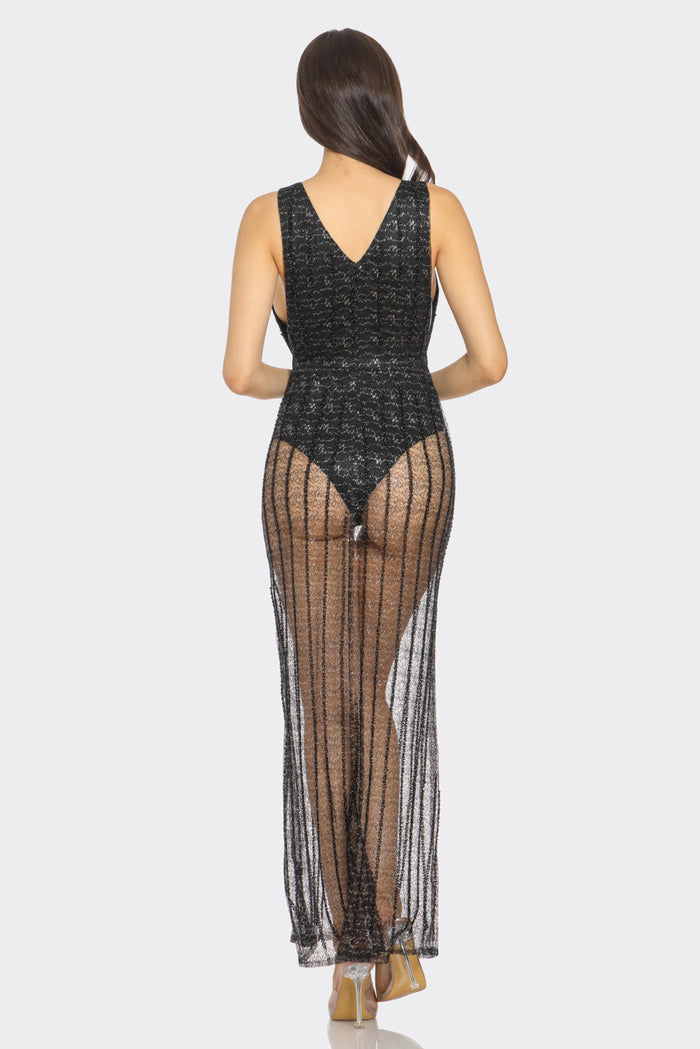Plunge Illusion Glitter Mesh Maxi Dress