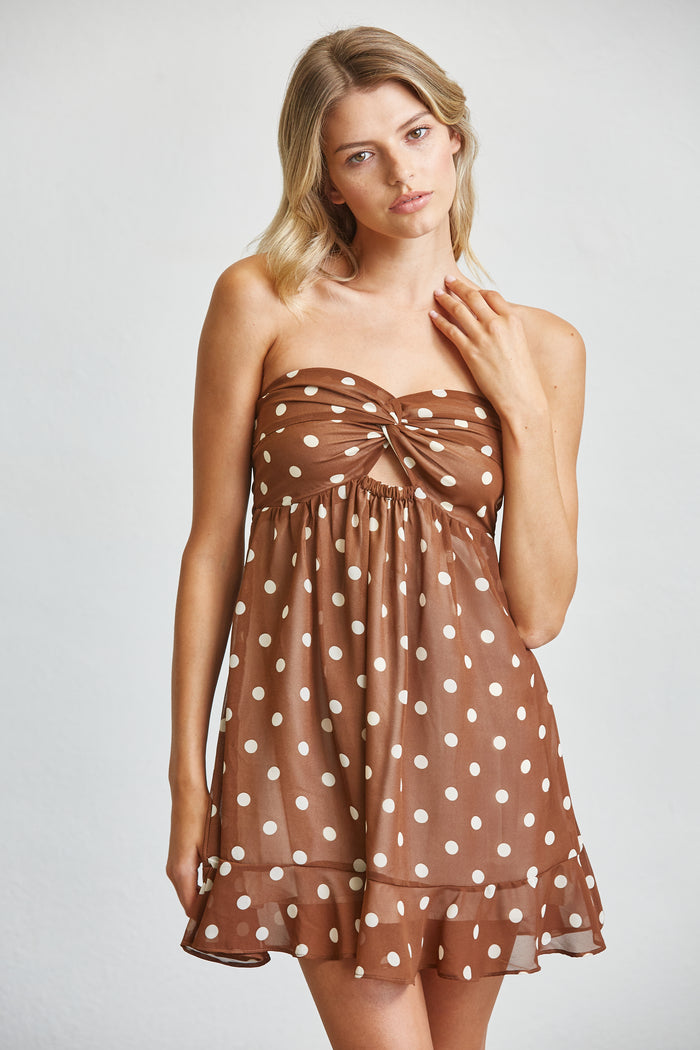 Polka Dot Strapless Mini Dress With Back Tie