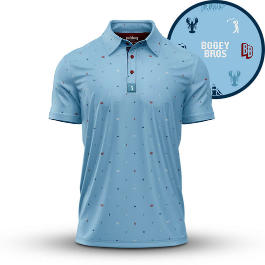 The Port - Polo is a light blue, athletic fit short-sleeve shirt with moisture wicking. It features a button-up collar with dark buttons and a subtle pattern of red lobsters, golf flags, blue icons, and the words Bogey Bros.
