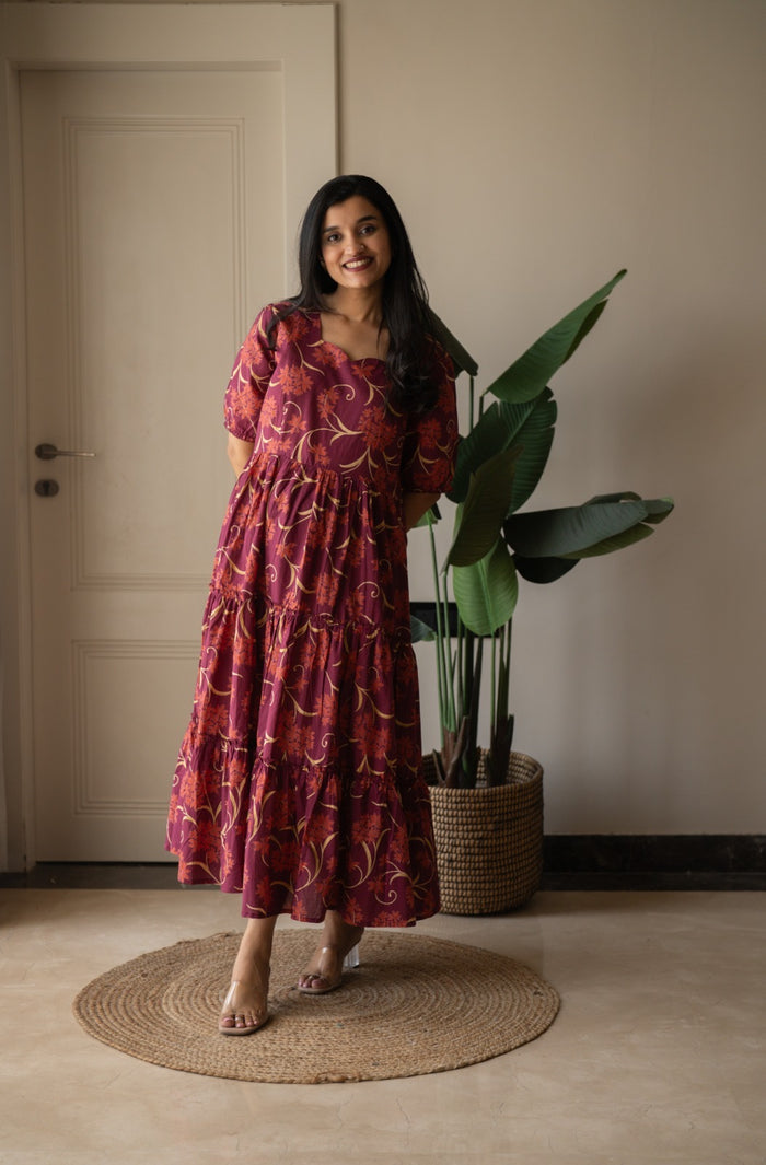 Prisha Tiered Maxi Dress- Dark Pink Florals