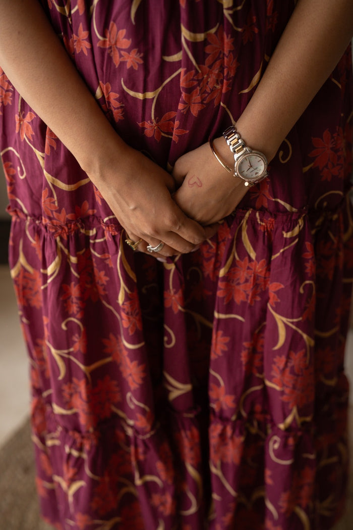 Prisha Tiered Maxi Dress- Dark Pink Florals