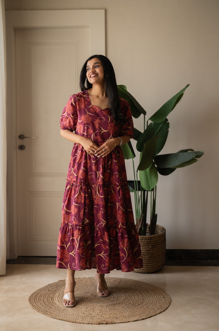 Prisha Tiered Maxi Dress- Dark Pink Florals