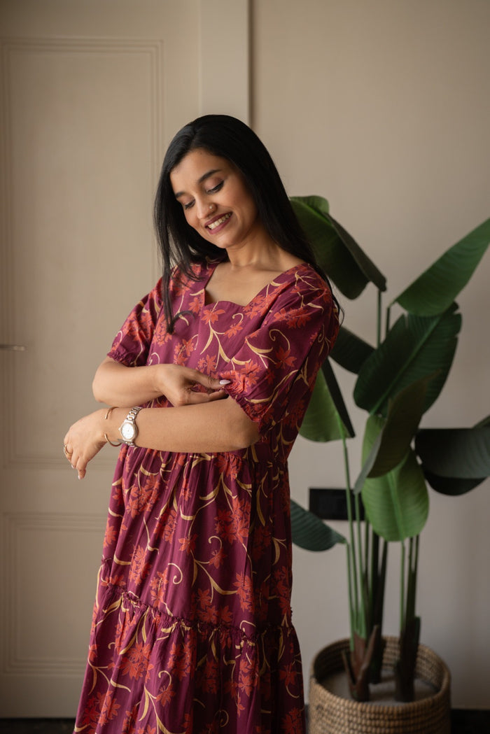 Prisha Tiered Maxi Dress- Dark Pink Florals