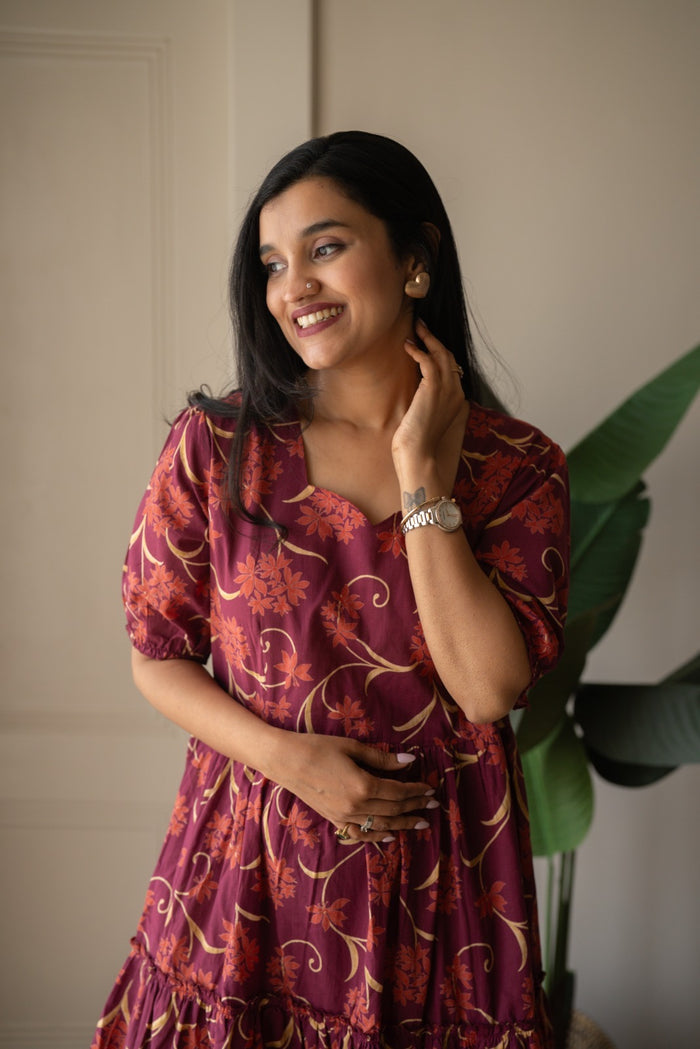 Prisha Tiered Maxi Dress- Dark Pink Florals