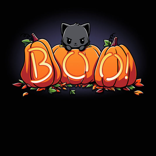 Premium Cotton T-shirt_TeeTurtle Pumpkin Kitty black t-shirt featuring a spooky black cat sitting behind three pumpkins that spell "BOO!" with glowing letters, surrounded by scattered leaves in Halloween fall colors.