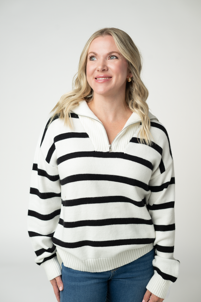 Quarter Zip Striped Pullover - Black and White by Michelle Mae