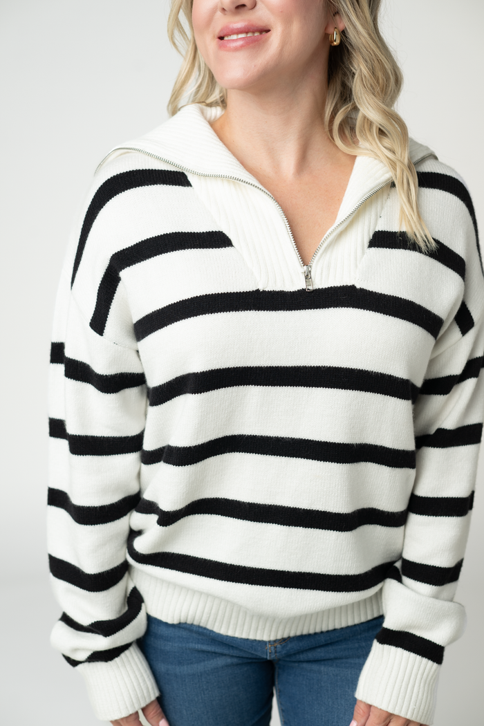 Quarter Zip Striped Pullover - Black and White by Michelle Mae