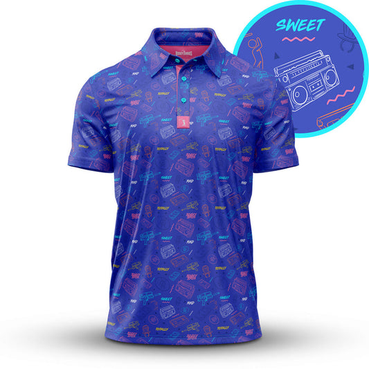 The Radical - Polo is a short-sleeve, collared shirt in vibrant purple with an athletic fit, featuring an all-over 80s-inspired neon boom boxes, headphones, cassette tapes, and "SWEET." Moisture-wicking fabric keeps you cool; pattern shown in a circle.