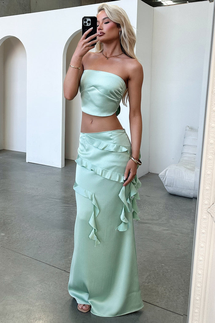 Raima Satin Ruffle Maxi Skirt - Green