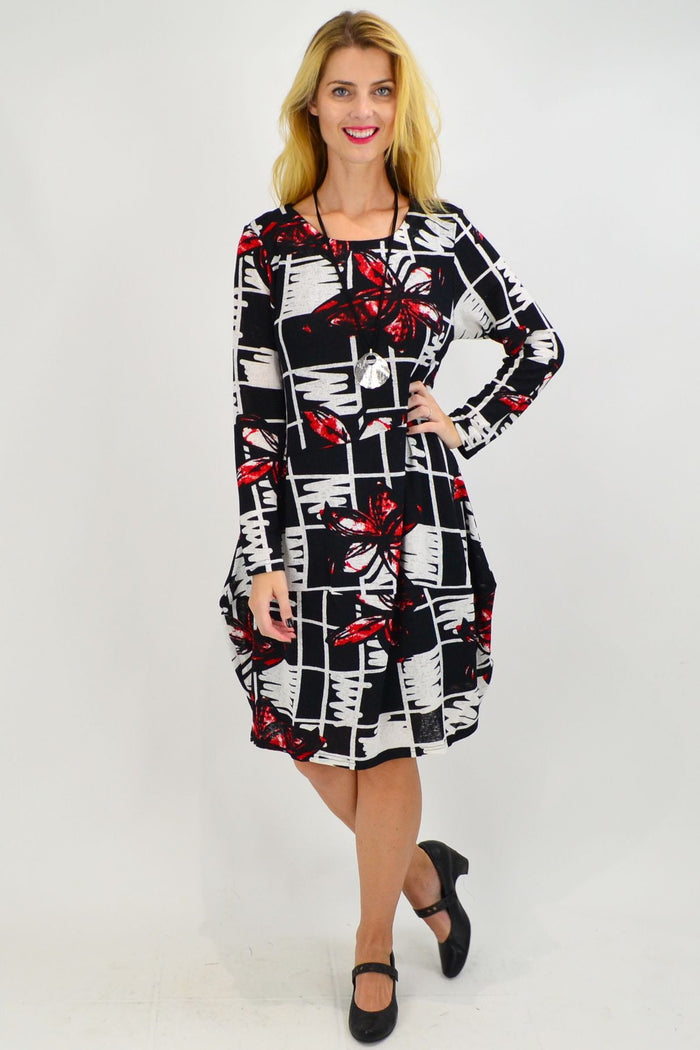 Red butterfly cocoon tunic dress by Vuios, featuring a cozy winter design, long sleeves, and a relaxed fit for ladies.