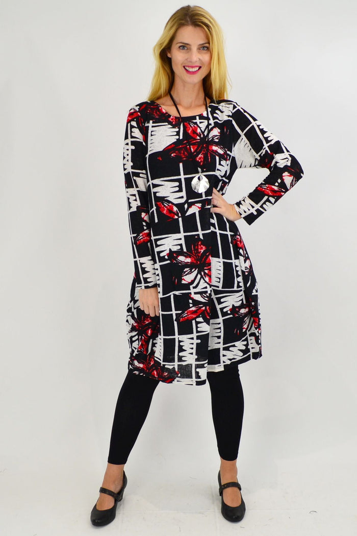 Red butterfly cocoon tunic dress by Vuios, featuring a cozy winter long top with butterfly and cocoon-inspired design.