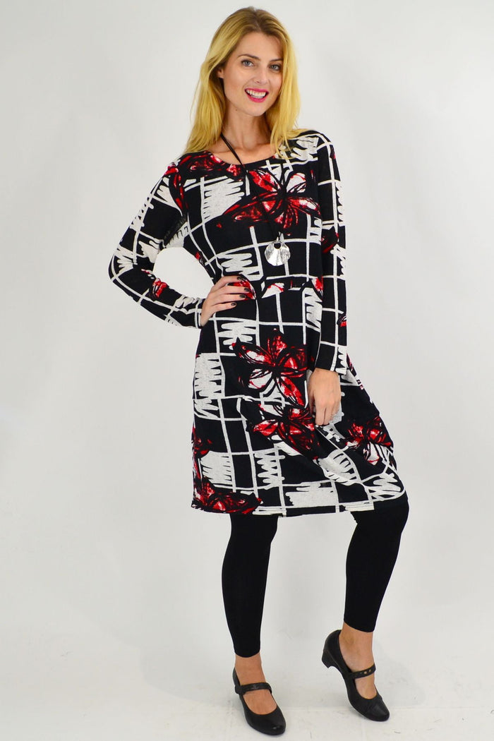 Red Butterfly Cocoon Tunic Dress by Vuios, long winter tunic with butterfly design, cozy and stylish for women.