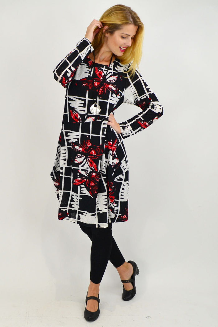 Red butterfly cocoon tunic dress by Vuios, featuring a relaxed fit and long sleeves, ideal for winter ladies' fashion.