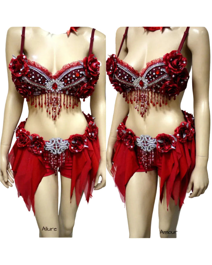 Red Rose Glitter Fairy Rave Bra and Skirt Shorts Halloween Dance Costume