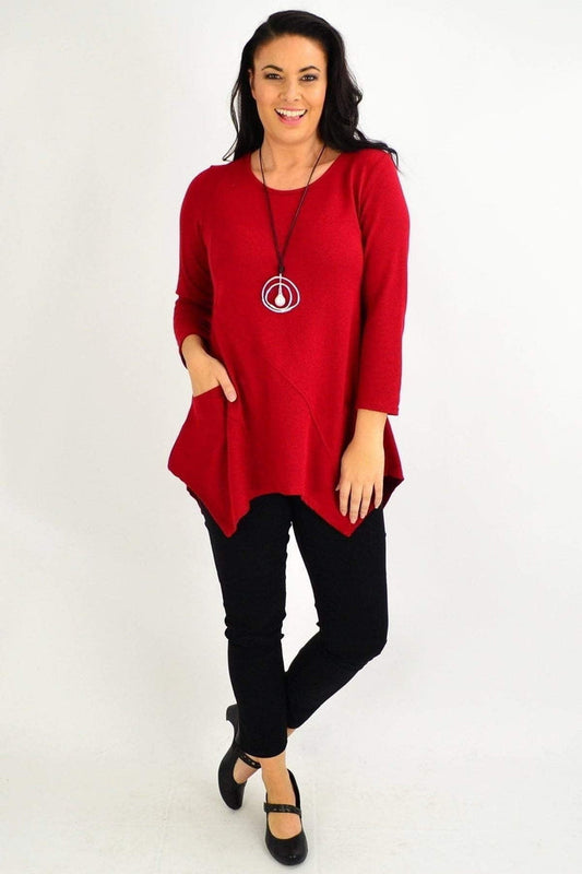 Red rust Peony winter tunic top with a pocket, featuring a cozy, stylish design perfect for cold weather wear.