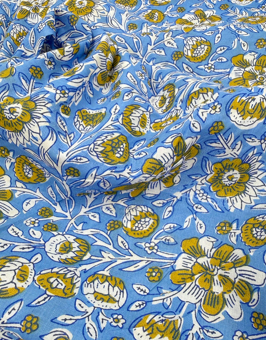 Remnant 1.10m - Blue & Ochre Floral, Indian Block Print Cotton Fabric