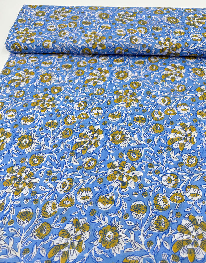 Remnant 1.10m - Blue & Ochre Floral, Indian Block Print Cotton Fabric