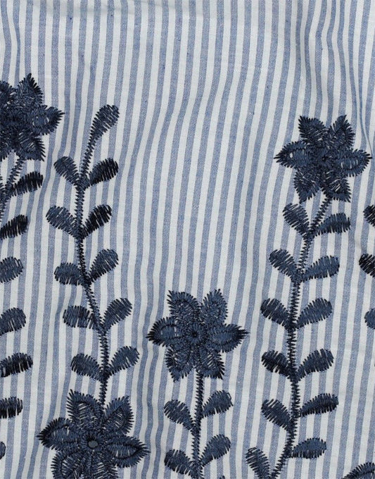 Remnant 1.75m - Cotton Pin Stripe Embroidered 2-Sided Border Fabric