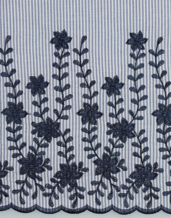 Remnant 1.75m - Cotton Pin Stripe Embroidered 2-Sided Border Fabric